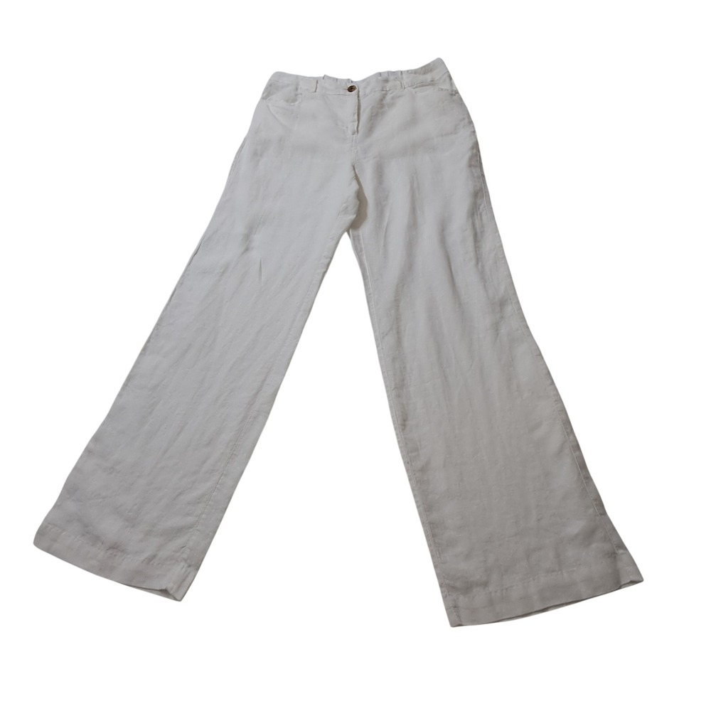 Chico's 100% Linen Pants Womens 1 Medium White Wide Leg Regular Pull On Coastal
